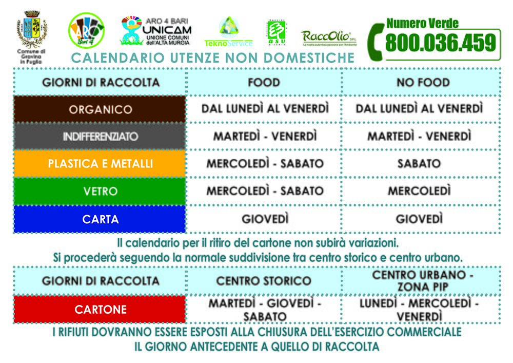 CALENDARIO 2019  RACCOLTA RIFIUTI UTENZE NON DOMESTICHE COMUNE DI GRAVINA (BARI) PUGLIA