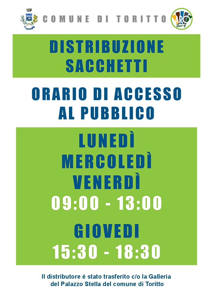 Distribuzione sacchetti nel comune di Toritto (BA) Distribuzione sacchetti nel comune di Toritto (BA)